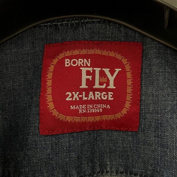 Vintage Men Denim Shirt Long Sleeve Jean Classic Born Fly Embroidered Patch 2XL - Picture 3 of 10